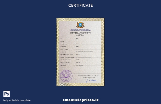 modello PSD del certificato di nascita dello stato civile della Somalia in stile